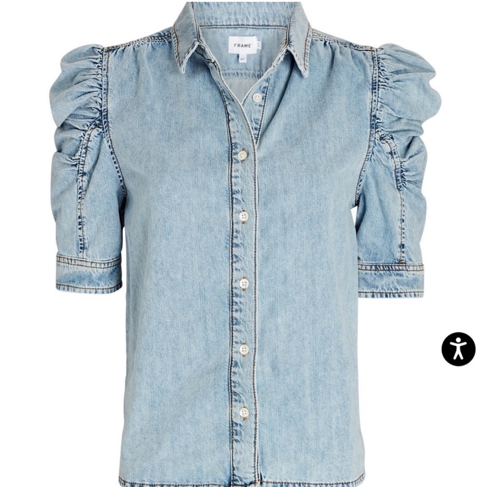 NWOT FRAME Ruched Puff Sleeve Denim Shirt in Cresthaven